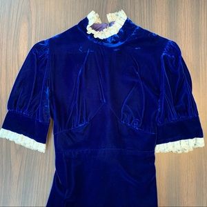 Vintage 70s Blue Velvet High Neck Long Maxi Dress
